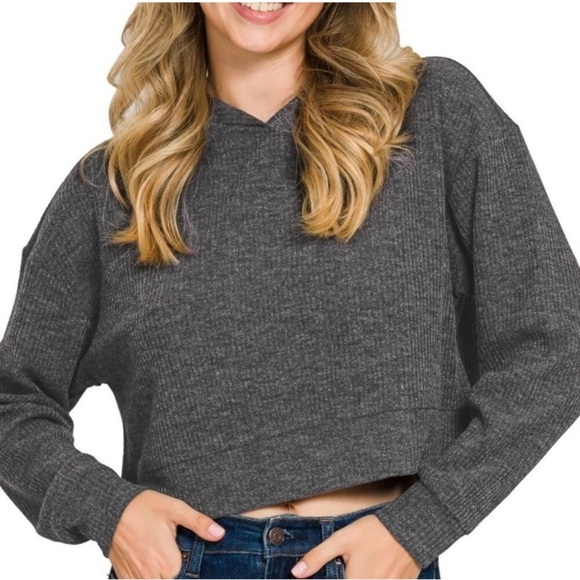Zenana Drop Shoulder Ribbed Crop Hoodie gray/black small - Picture 4 of 7